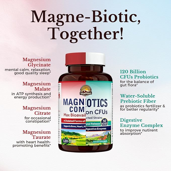 Vitalitown Magnesium + Probiotic Bundle (Pack of 2) | Magnesium Complex (Item 1) &amp Probiotics 120 Billion CFUs (Item 2) | 120 Magnesium Capsules &amp 30 Probiotic Capsules