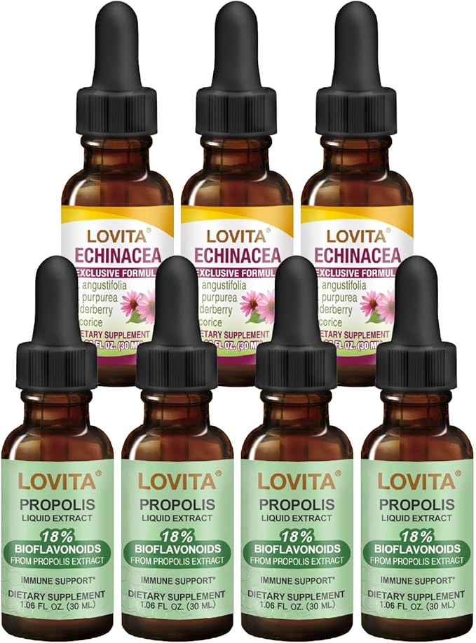 LOVITA Seasonal Guard Bundle - 4 Propolis &amp 3 Echinacea Liquid Extracts Concentrated Herbal Drops for Throat &amp Immunity (7 Pc Set)
