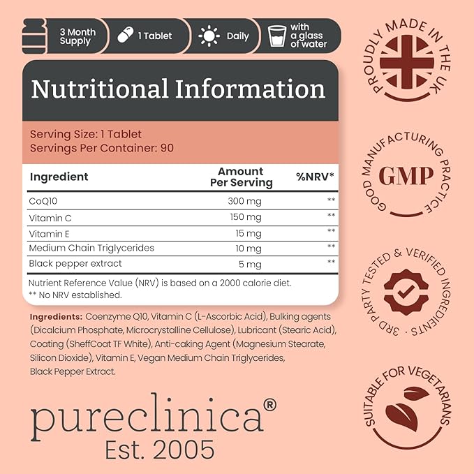 pureclinica Fermented CoQ10 300mg x 90 Tablets. Non GMO USP Grade. with Added Vitamin C and Black Pepper Extract for Absorption.