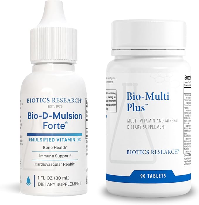 Biotics Research Bio-D-Mulsion Forte Vitamin D3 for Bone Immune &amp Heart Health + Bio-Multi Plus Multivitamin for Daily Nutritional Support – 1 fl oz &amp 90 Tablets