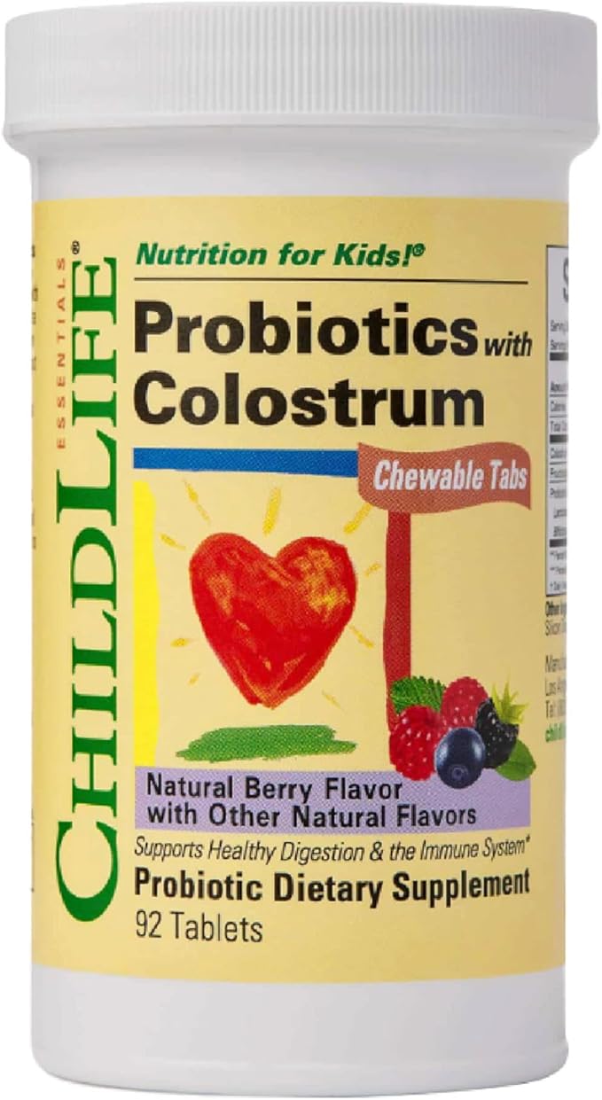 CHILDLIFE ESSENTIALS ChildBiotics with Colostrum- Probiotics for Kids Probiotics for Digestive Health Chewables Children's Probiotic Colostrum for Kids Gluten Free - Natural Berry 92 Tablets