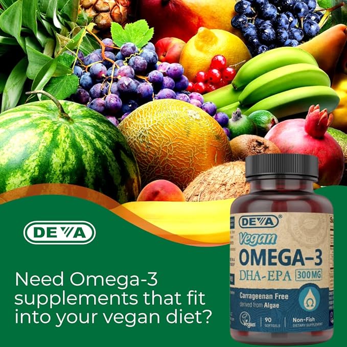 DEVA Vegan Omega-3 DHA EPA Supplement Once-Per-Day Softgel 300 MG - Carrageenan Gelatin &amp Gluten Free - Non-Fish Algae Oil Fatty Acids - 90 Softgels