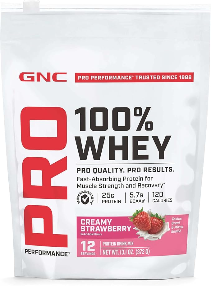 GNC Pro Performance 100% Whey Protein Powder 2.0 Fast Absorbing for Muscle Strength and Recovery Strawberry 12 Servings