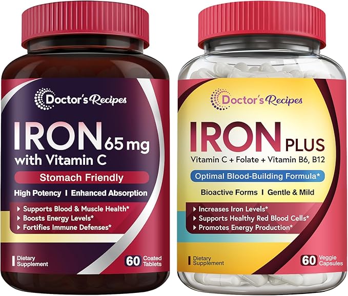 Doctor's Recipes Iron 65 mg &amp Iron Plus Bundle Healthy Iron Levels &amp Blood Support Iron Tablets 60 ct &amp Iron Capsules 60 ct
