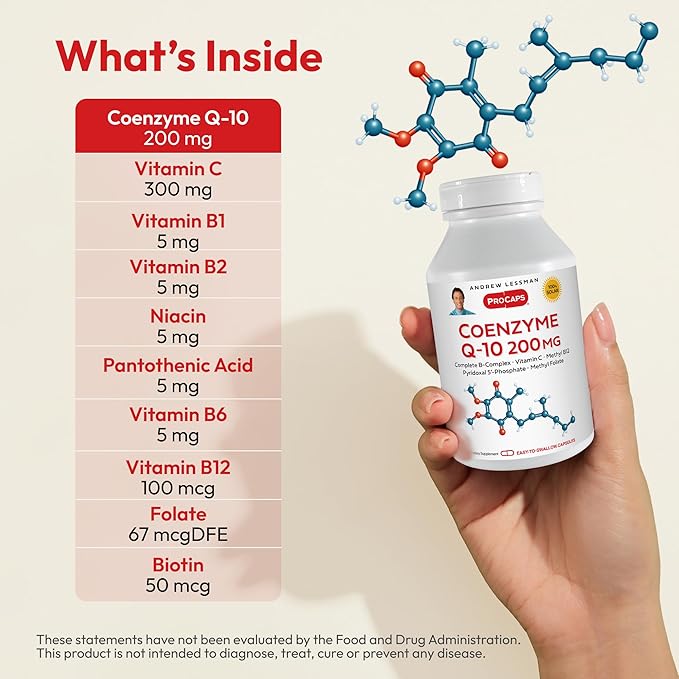 ANDREW LESSMAN Coenzyme Q-10 200 mg 180 Capsules - Essential for Energy Production and Optimum Key Organ Function Anti-Oxidant Support Depleted by Aging Plus B-Complex. Easy to Swallow Capsules