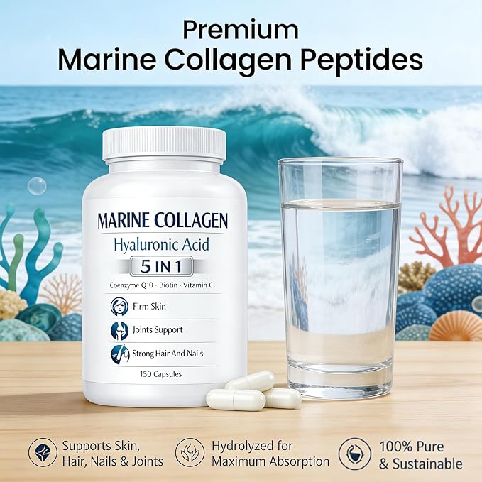 Colágeno Marino + Ácido hialurónico 5 in 1 Premium Formula 150 Capsules for Skin Hair Nails Health Hydrolyzed Collagen Type I with CoQ10 Biotin Vitamin C