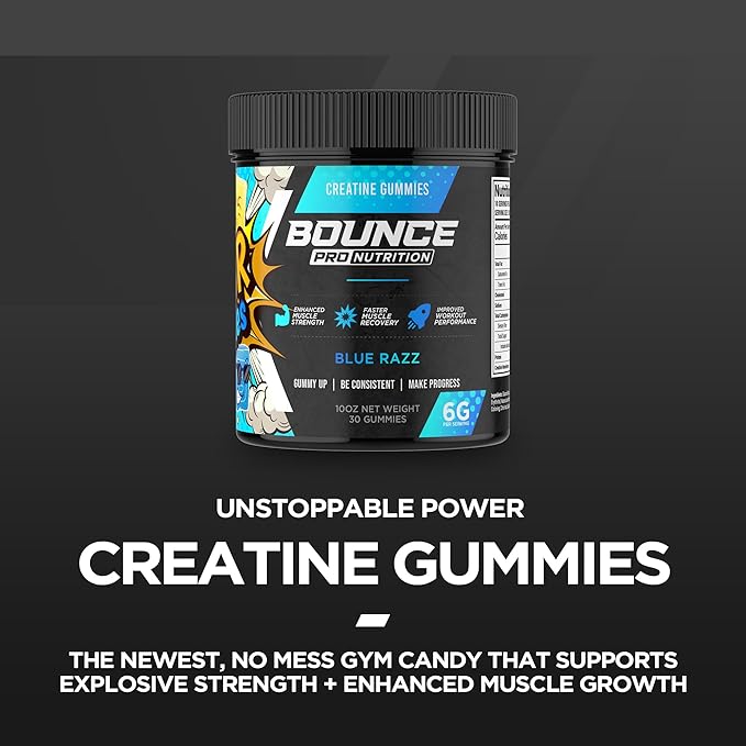 Bounce Pro Creatine Monohydrate Gummies for Men &amp Women Low Calorie 6G of Creatine per Serving Vegan Anti-Melting Gluten-Free Non-GMO 2g of Creatine per Gummy (51ct Blue Razz)