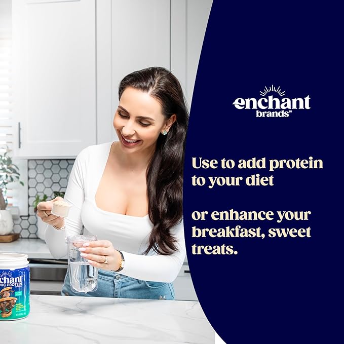 Enchant Organic Protein Powder Chocolate Peanut Butter flavor – 20g Plant Protein sourced from North American Farms 5g Prebiotic + fiber USDA Organic Non-GMO Plant-based Non-Dairy Vegan 0.91 l