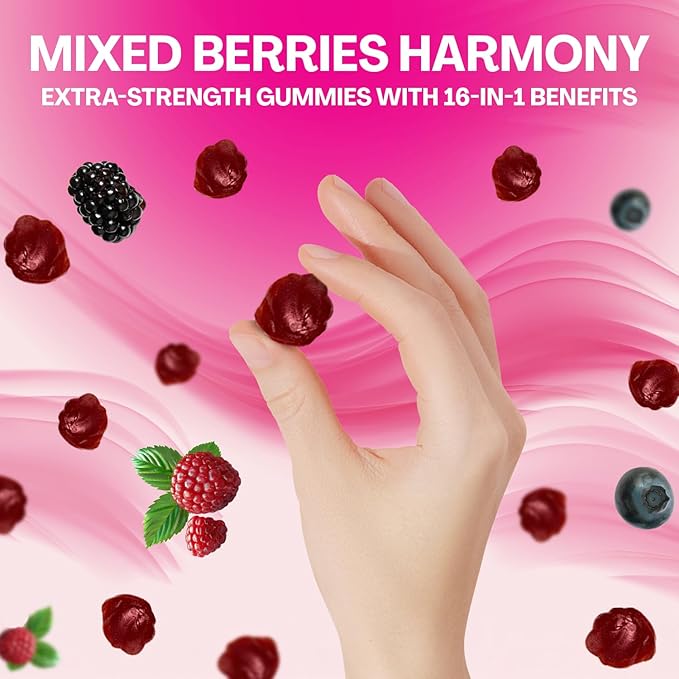 Myo-Inositol &amp D-Chiro Inositol Gummies with Berberine Vitamins D3+K2 B12 Folate Zinc Magnesium Ashwagandha Chasteberry Bioperine DIM - 16 in 1 Supplement - Mixed Berry Flavor - 90 Gummie