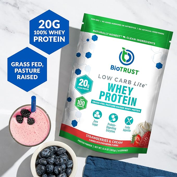 BioTrust Low Carb Lite 20 Grams of Grass-Fed Whey Protein Isolate 100 Calories ProHydrolase Digestive Enzymes Non-GMO Free from Soy and Gluten rBGH-Free (14 Servings) (Strawberries and Cream)