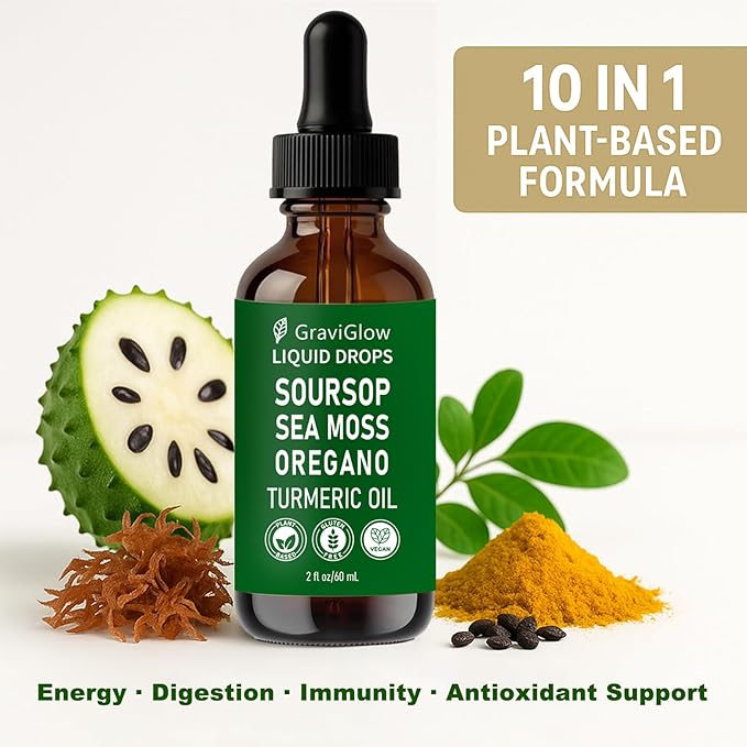 Graviola Soursop Bitters Liquid Drops – 10-in-1 Herbal Soursop Extract with Sea Moss Moringa Turmeric Black Seed Oil &amp Oregano – Immune &amp Gut Health Support Vegan Non-GMO 2 Fl Oz