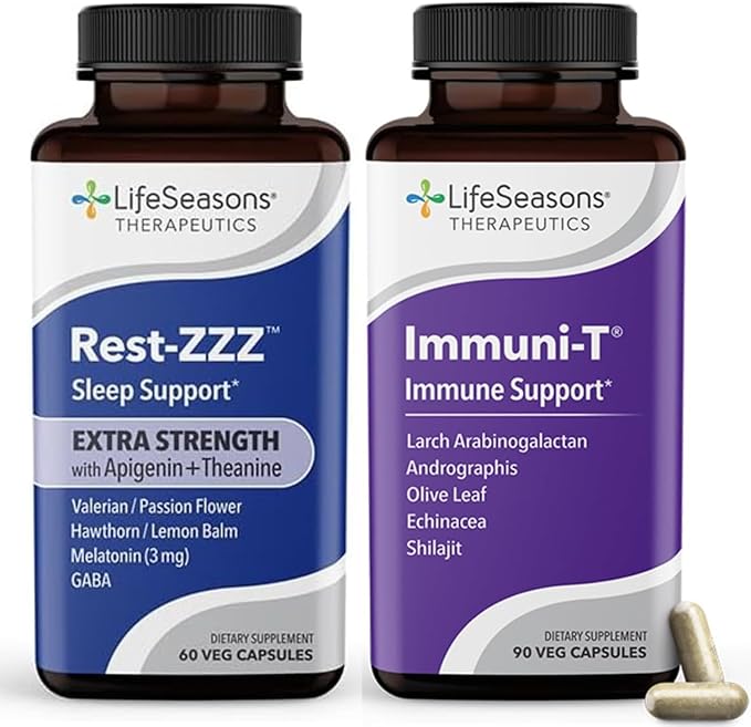 LifeSeasons Rest-ZZZ Extra Strength + Immuni-T Bundle – Natural Sleep &amp Immune Support – Fall Asleep &amp Stay Asleep Boost Immunity &amp Defend Against Seasonal Challenges – 60 Capsules &amp