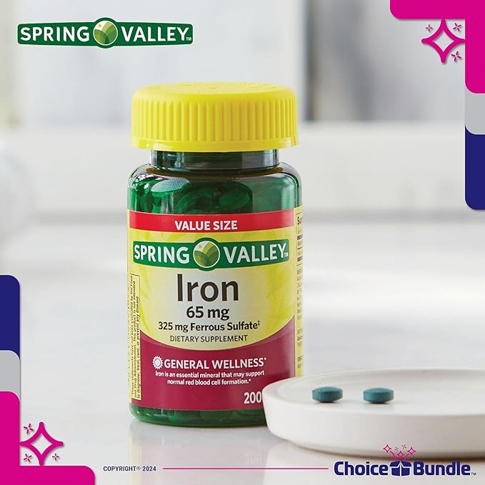 Spring Valley Iron 65 mg Tablets Ferrous Sulfate Value Size 200 Ct 3 Pk (600 Total) + Vitamin Vitality &amp Pill Container (5 Items)!