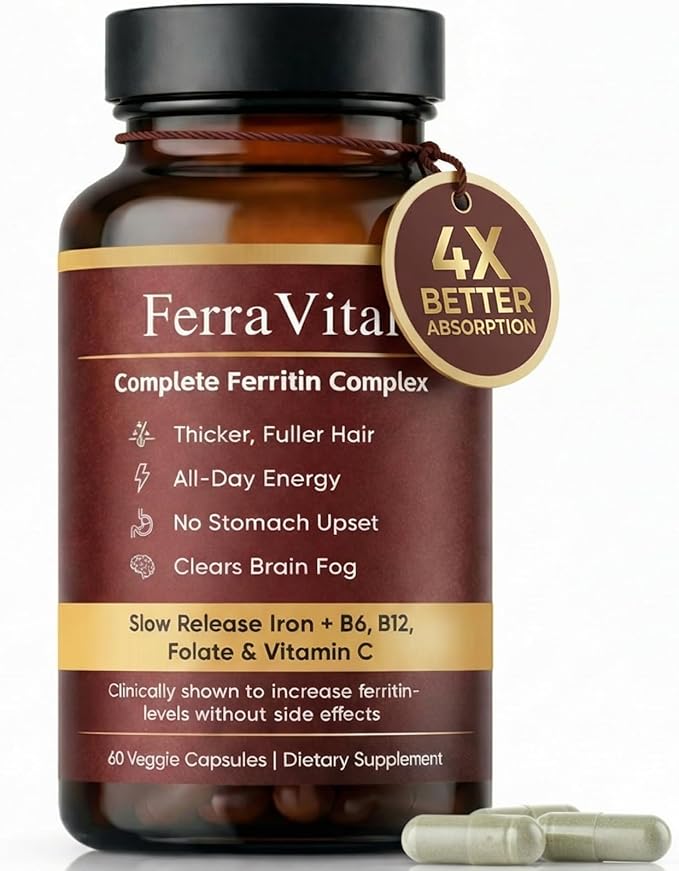 Ferravital Ferritin Support Ferritin Supplement for Women Daily Iron Supplement with Iron Bisglycinate Lactoferrin Vitamin C B12 Gluten Free &amp Non-GMO 60 Capsules (A)