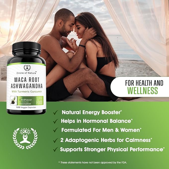 Maca Root Ashwagandha Root Extract Capsules for Men &amp Women with Turmeric Curcumin and Bioperine 120 Capsules Made in USA