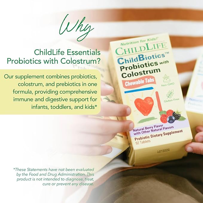 CHILDLIFE ESSENTIALS ChildBiotics with Colostrum- Probiotics for Kids Probiotics for Digestive Health Chewables Children's Probiotic Colostrum for Kids Gluten Free - Natural Berry 92 Tablets