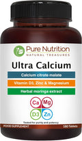 Pure Nutrition Ultra Calcium Citrate 1000mg Highly absorbable Calcium Supplement with Calcium Citrate Malate Vitamin D Zinc and Magnesium - 1 Tablet Daily (180 Veg Tabs) Non-GMO | Gluten-Free