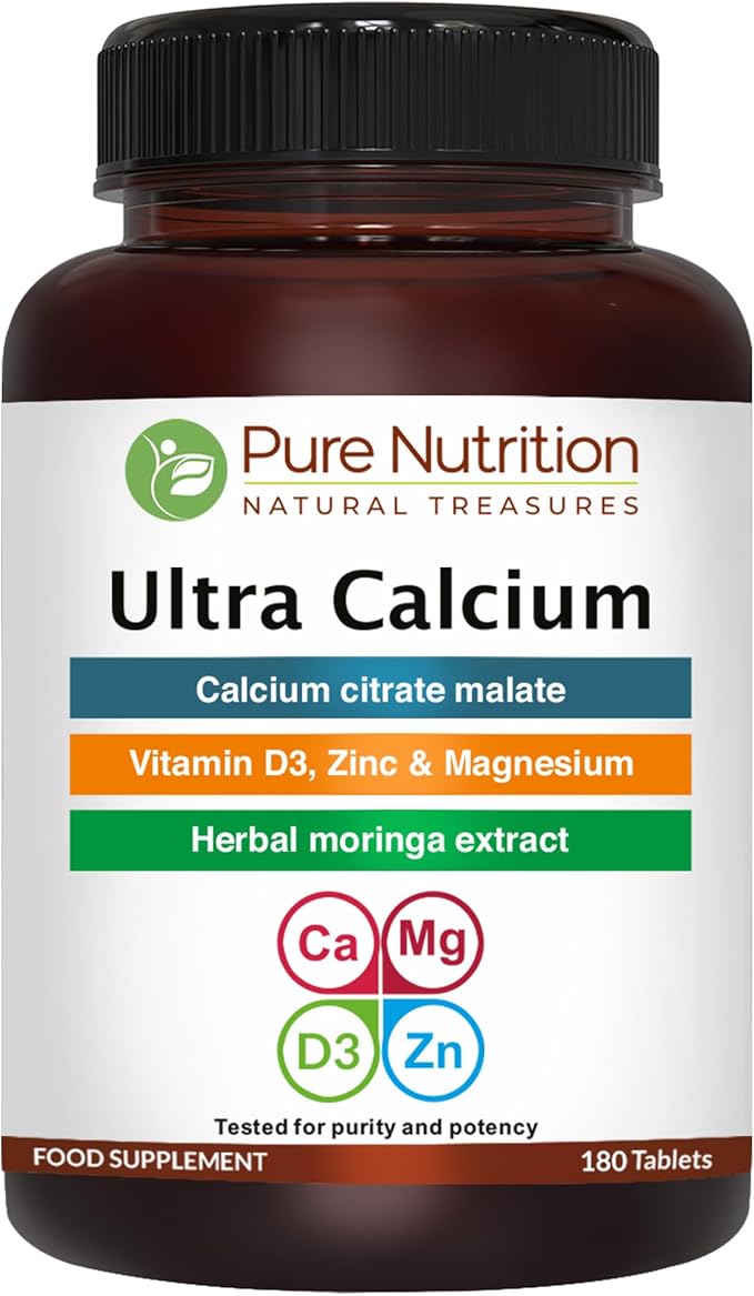 Pure Nutrition Ultra Calcium Citrate 1000mg Highly absorbable Calcium Supplement with Calcium Citrate Malate Vitamin D Zinc and Magnesium - 1 Tablet Daily (180 Veg Tabs) Non-GMO | Gluten-Free