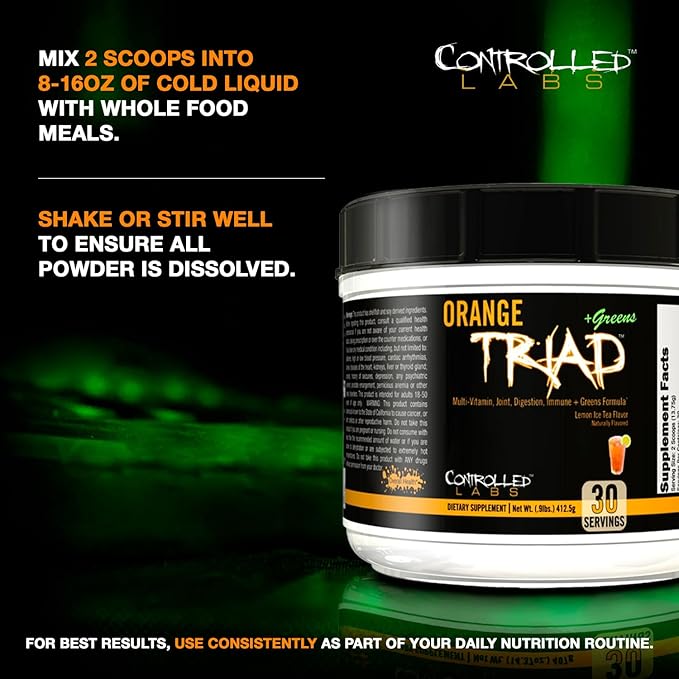 CONTROLLED LABS Orange Triad Plus Greens for Men and Women 30 Servings Iron Free Sports Supplement for Overall Health Multivitamin Digestion Immune System and Joint Health