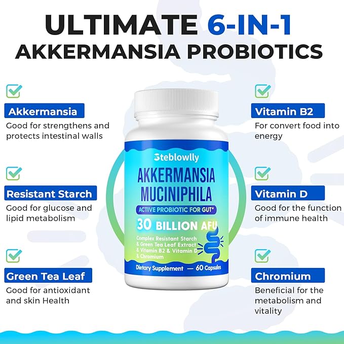 Akkermansia Probiotic Live Strain Probiotics for Women &amp Men Akkermansia Muciniphila for Gut Health Digestive Metabolic* Immune with Chromium Green Tea Leaf 60 Probiotic Capsule