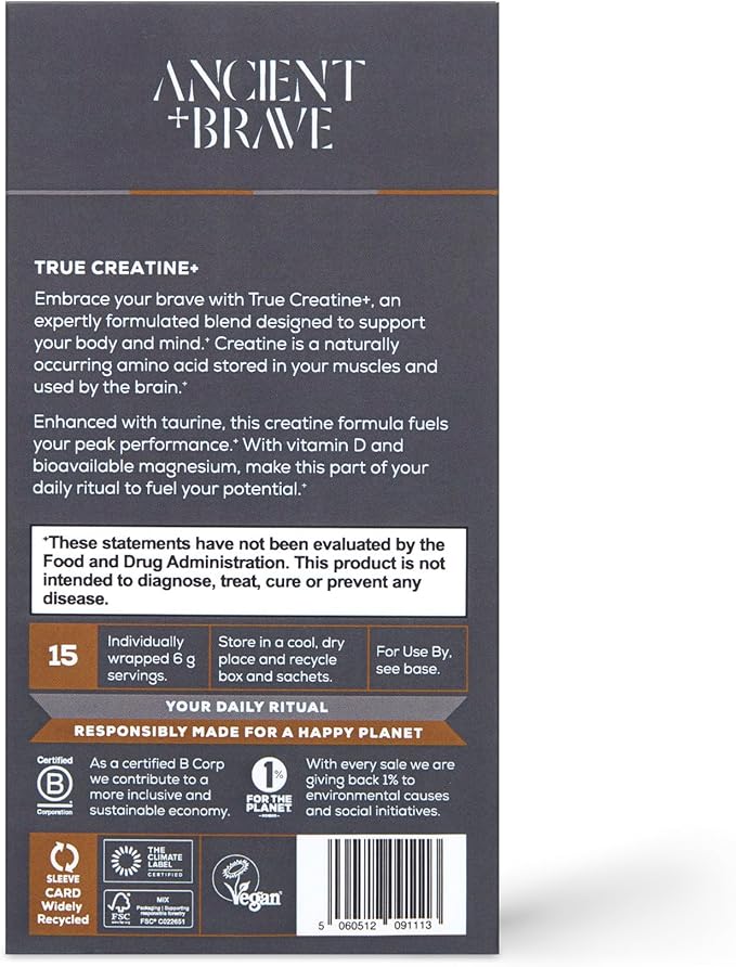 Ancient + Brave True Creatine+ Packets 15 x 6g Monohydrate Creatine Supplement with Taurine Magnesium and Vitamin D Supplement Womens Creatine Powder for Energy and Performance