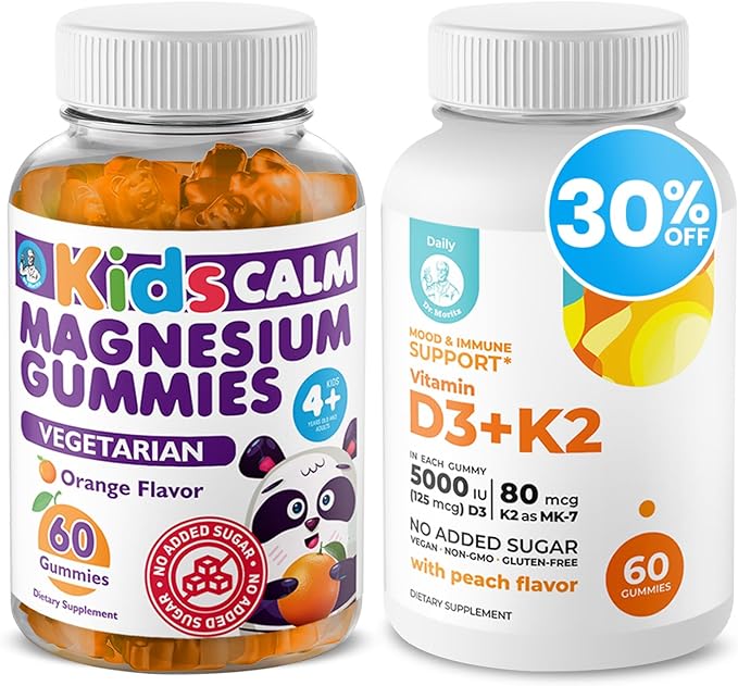 DR. MORITZ Kids Magnesium Gummies Orange Flavor (60 Count 1 Pack) and Vitamin D3 K2 Gummies Bundle (60 Count 1 Pack) - Immunity and Bone Health - Vitamin D Chewable with K2 - Magnesium Calm Chews
