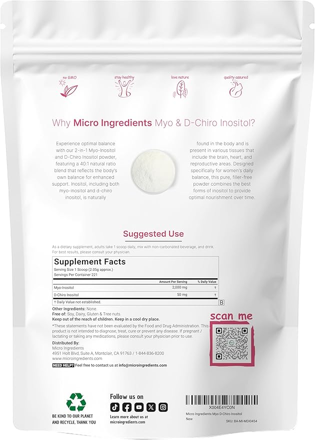 Micro Ingredients Multi Collagen Protein Powder 2lbs &amp Myo &amp D-Chiro Inositol Powder Bundle 2 Pack | Grass-Fed Collagen Peptides | Inositol Supplement for Women