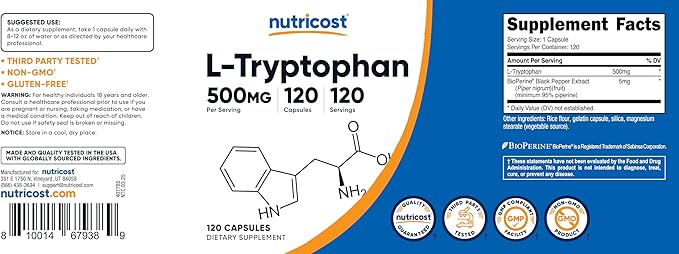 Nutricost L-Tryptophan 500mg 120 Capsules - with BioPerine Gluten Free Non-GMO (Pack of 2)