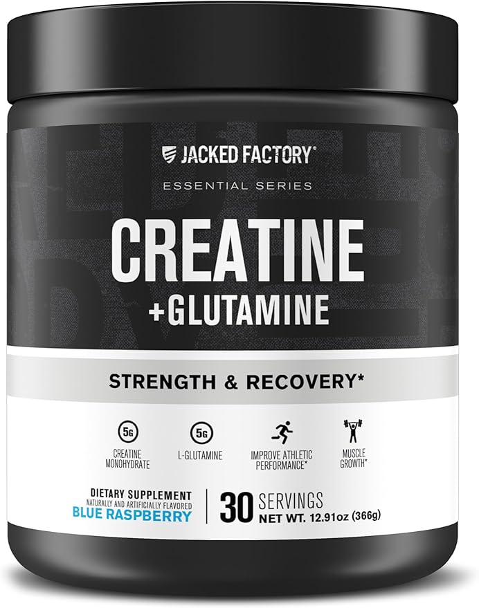 Jacked Factory Creatine + Glutamine - Creatine Supplement with L-Glutamine for Muscle Recovery Muscle Growth Increased Strength Enhanced Energy Output and Gut Health - 30 Servings Blue Raspberry