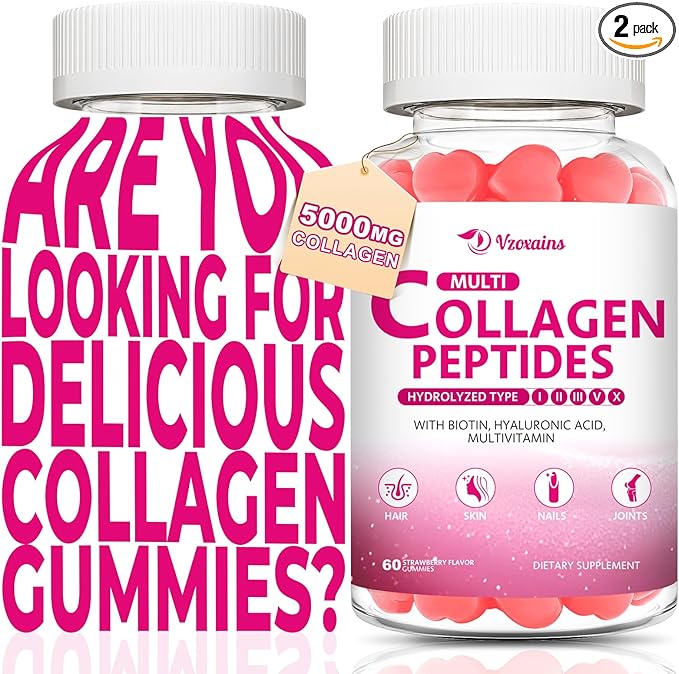 Collagen Peptides Gummies Collagen Gummies for Women &amp Men Type IIIIIIVX Protein with Biotin Hyaluronic Acid Vitamin C for Healthy Skin | Strawberry Flavored Sugar Free 120 Cts