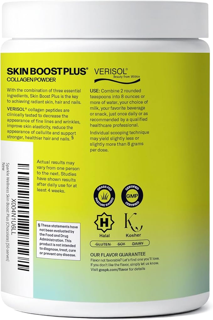Sparkle Wellness VERISOL Bioactive Hydrolyzed Collagen Peptides | Collagen Powder Supplement with Vitamin C &amp Hyaluronic Acid for Hair Skin and Nail Health | Skin Boost Plus (Chocolate) [50-Serv