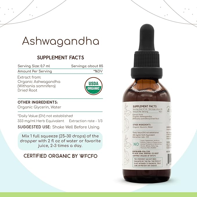 HerbEra Ashwagandha B60 USDA Organic Tincture | Alcohol-Free Extract High-Potency Herbal Drops | Certified Organic Ashwagandha (Withania Somnifera) Dried Root (2 oz)