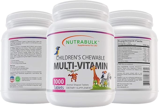 NutraBulk Kids Multivitamin – Kids Vitamins A C D3 E B-Complex Folic Acid with Animal Shapes &amp Fruity Flavors – No Artificial Dyes – Children's Chewable Multivitamin Bulk Family Value (1000 Table