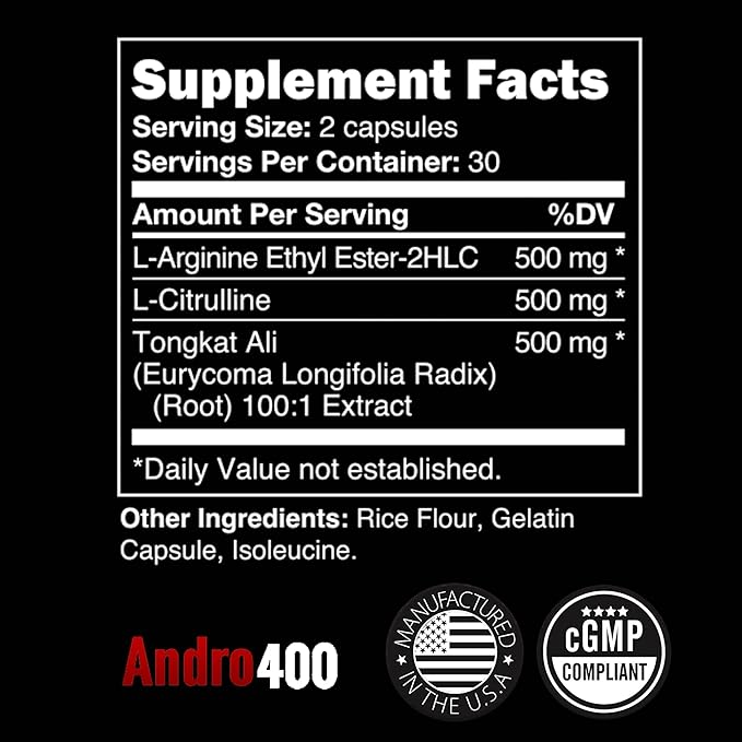 Andro400 Max Advanced T-Support &amp Nitric Oxide Booster – Tongkat Ali with L-Arginine &amp L-Citrulline – Supports Blood Flow Circulation and Physical Performance – 1 Pack 60 Capsules