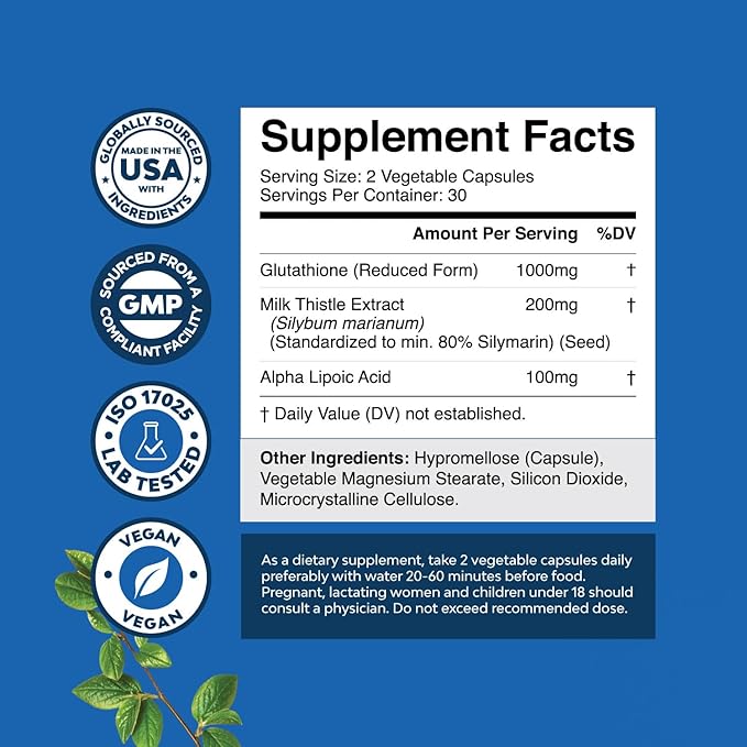 Reduced Glutathione Supplement with Milk Thistle - 1000mg per Serving Pure L Glutathione with Alpha Lipoic Acid &amp Milk Thistle Silymarin for Skin Radiance Liver Support &amp Immune Support - 60