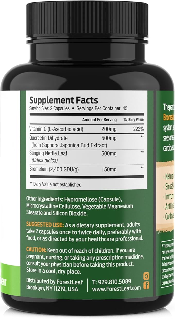 ForestLeaf Quercetin with Bromelain 1350mg - Blend with Vitamin C &amp Stinging Nettle Supplement Quercetin 500mg Capsules Non-GMO Gluten Free Natural Function 90 Veggie Caps