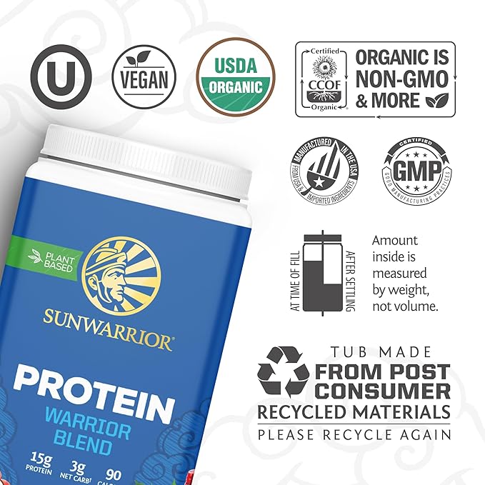 Sunwarrior Organic Plant Based Protein Powder | Vegan Organic Protein Powder Maple Flavored with BCAA Amino Acids &amp Hemp Seed Pea Blend | Non-GMO Soy Dairy Filler &amp Gluten Free (Maple 30 Serv
