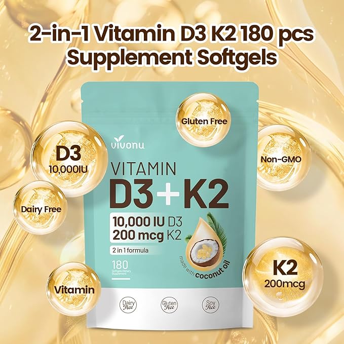 VivoNu Vitamin D3 K2 10000 IU Magnesium Supplement – with Vitamin D and K (MK-7) Magnesium Glycinate &amp Malate Zinc Citrate – 180 Softgels for Energy Bone* &amp Muscle* Support*