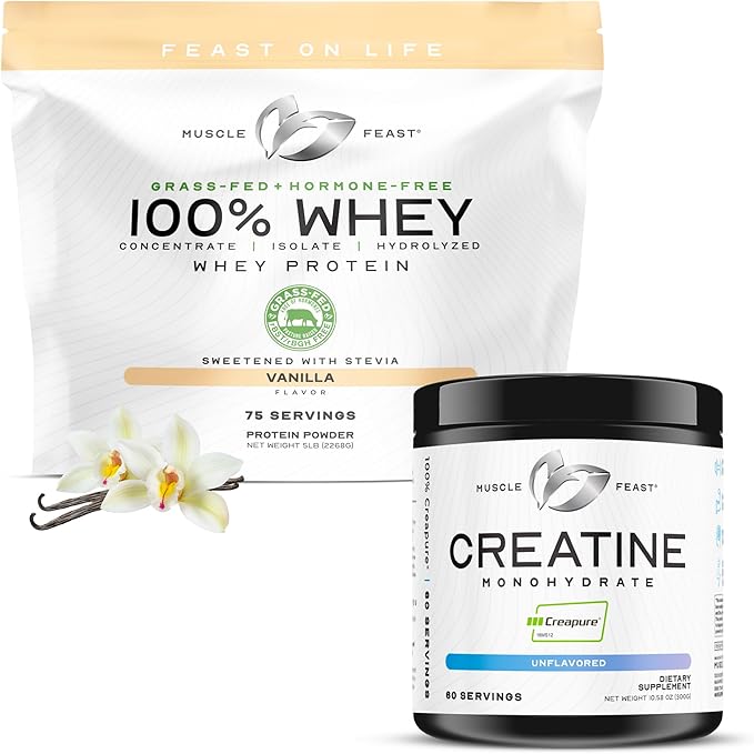 Muscle Feast 100% Whey + Creatine Bundle: (1) 100% Whey Protein (Vanilla 5lb) + (1) Creatine Powder (Unflavored 300g)
