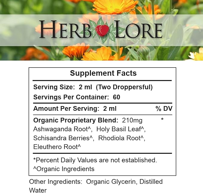 Herb Lore Organic Adrenal Tonic Tincture - Herbal Adrenal Support Supplement - Adaptogen Drops with Ashwagandha Rhodiola Eleuthero Holy Basil and Schisandra - Alcohol Free - Liquid - 4 Fl Oz