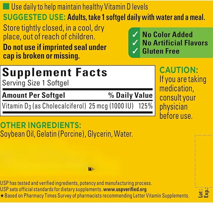 Vitamin D3 1000 IU (25 mcg) D3 Vitamin Vitamin D3 1000 Iu Vitamin D 1000 650-Day Supply (650 Count) (Pack 1)