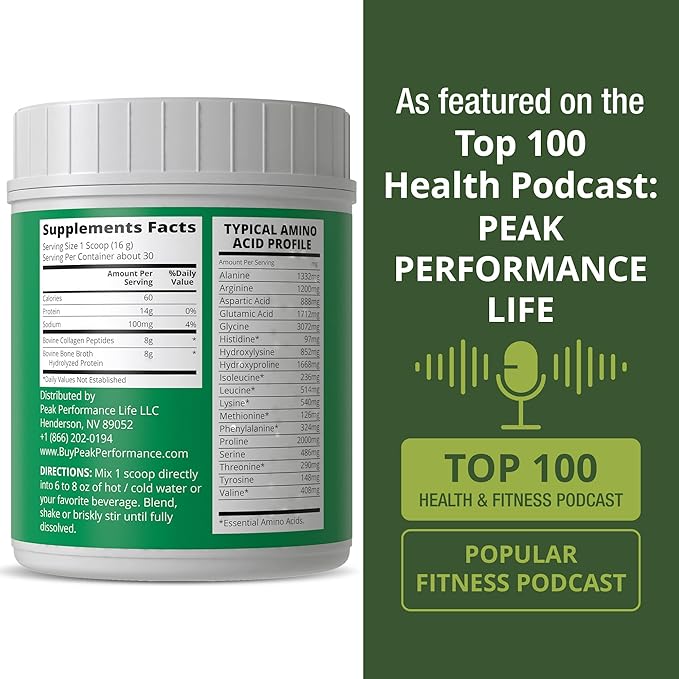 Peak Performance Hydrolyzed Bone Broth + Collagen Unflavored Protein Peptides Powder - Contains All Collagen Types: 1 2 and 3 - Pure Pasture Raised Grass Fed Paleo Friendly Gluten + Dairy Free