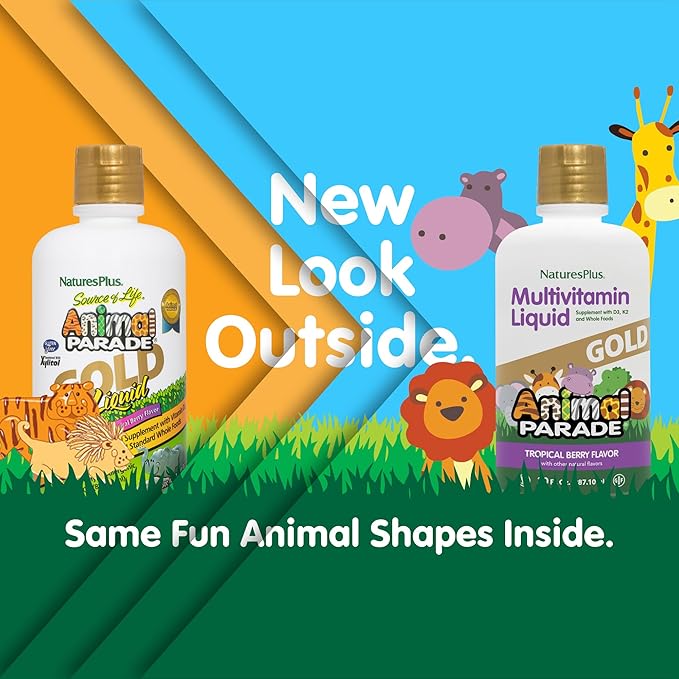 NaturesPlus Animal Parade Gold Children's Liquid Multivitamin Natural Tropical Berry - 30 oz Pack of 2 - Immune Support Supplement - Vegetarian Gluten Free - 120 Total Servings