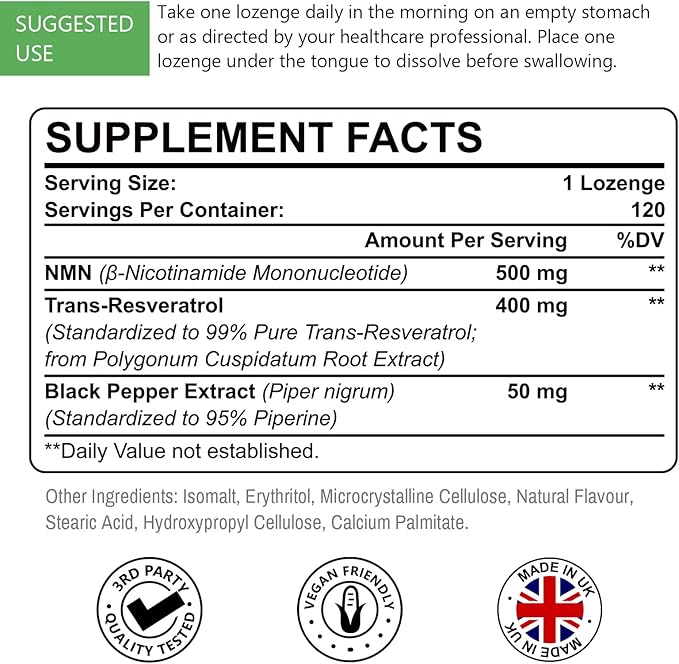 Sublingual NMN 500mg + Trans-Resveratrol 400mg 3-in-1 Advanced Formula 99% Pure NMN Resveratrol Supplement for Boost* NAD Cell Immune Energy &amp Muscle Anti-Aging 120 Lozenges (120-Day Supply)