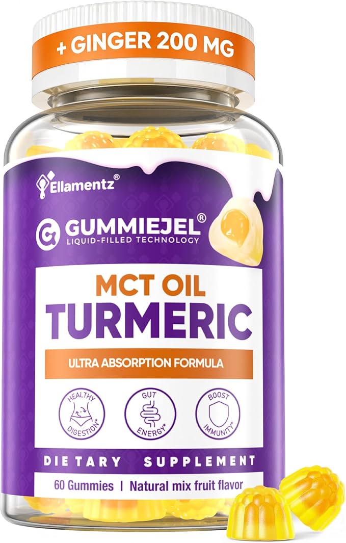 Turmeric Curcumin 1000mg/ 500mg with Ginger Gummies w/MCT Oil C8 C10 95% Turmeric Curcumin Supplement with Black Pepper Extract Support Mobility Comfort Antioxidant Energy Sugar Free 1Pack