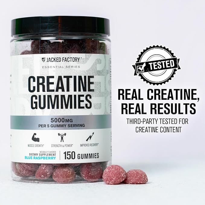 Jacked Factory Creatine Gummies 5g Daily Dose (1g per Gummy) - Creatine Gummy for Men and Women Vegan-Friendly Travel-Friendly Third-Party Tested - 150 Gummies Blue Raspberry