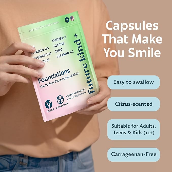 Future Kind Carrageenan-Free Foundations Multivitamin for Women &amp Men with Omega-3 B12 D3 Zinc Iodine Magnesium K2 &amp Selenium Vegan Compostable Bag (60ct)