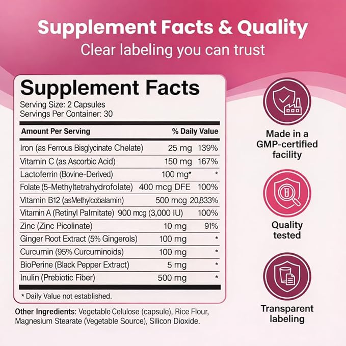 Ferrin Supplement - Daily Iron Support Capsules with Iron Bisglycinate Lactoferrin Vitamin C B12 and Gentle Absorption(1)
