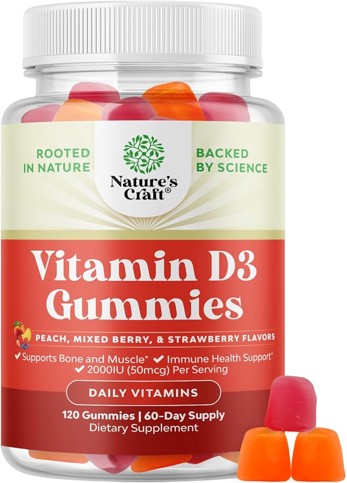 Natures Craft Vitamin D3 Gummies for Daily Wellness - Delicious Vitamin D Gummies for Adults with D3 2000IU per Serving Bone Muscle &amp Immune Support - Non-GMO Gelatin &amp Gluten Free - 120 Count