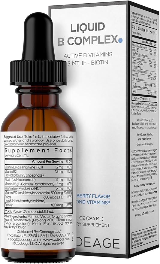 Codeage Liquid B-Complex Supplement with 8 Forms of Vitamin B - Vitamin Thiamine B1 Riboflavin B2 B3 B5 B6 Biotin B7 Active Methylated B9 Folate &amp B12 - Raspberry Flavor - Non-GMO - 1 fl oz